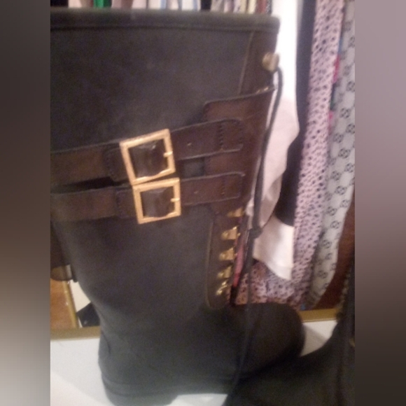 Tory Burch Goth Tall calf length rubber rain combat boots black gold lace up - Picture 6 of 16